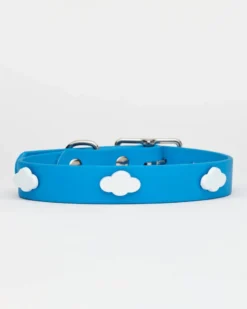 HOT DOGS ALL DRESSED Sky Blue Vegan Leather Dog Collar With Clouds (Made In Canada)