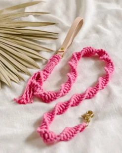 EMBER & IVORY Macrame And Leather Dog Leash In Hot Pink (Made In The USA)