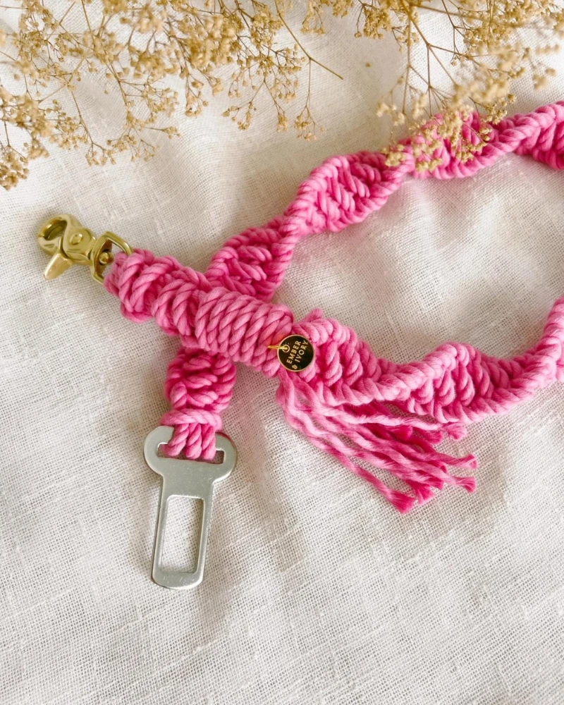 EMBER & IVORY Macrame Seat Belt Dog Restraint In Hot Pink (Made In The USA)