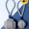 MYSTIC KNOTWORK Monkey Fist Rope Dog Toy In Gray With Navy Whipping (Made In The USA)