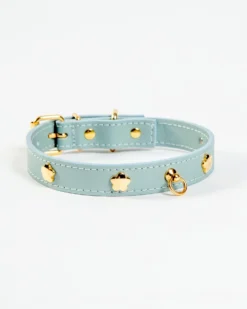 BRANNI Sky Blue Nara Leather Dog Collar With Brass Flowers (Made In Italy)