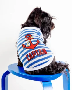 PARISIAN PETS Captain Dog Tank Top In Blue & White Stripe